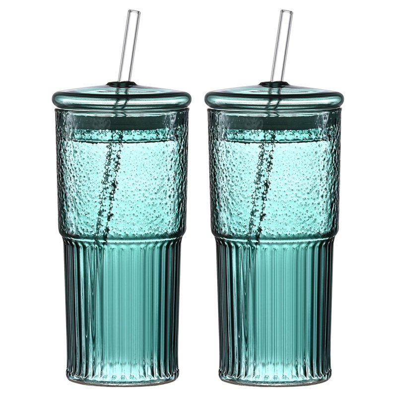 Borosilicate Green Glass Straw Cup With Vertical Pattern Cup And Lid,Heat Resistance-Set of 2