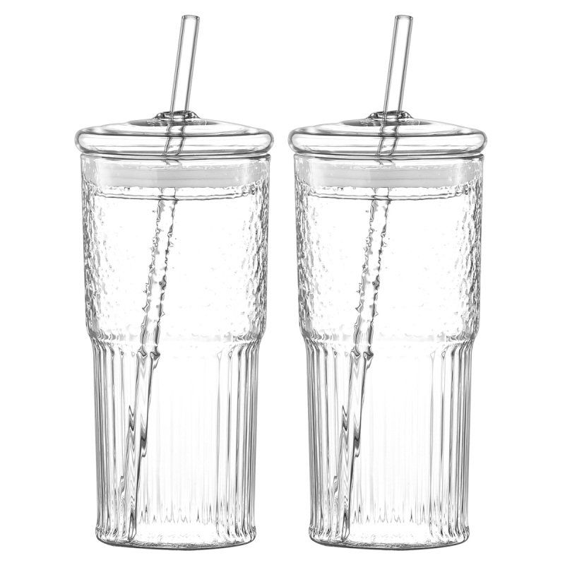 High Borosilicate Glass Cup with Straw, Vertical Pattern Cup And Lid, 20 oz, Set of 2