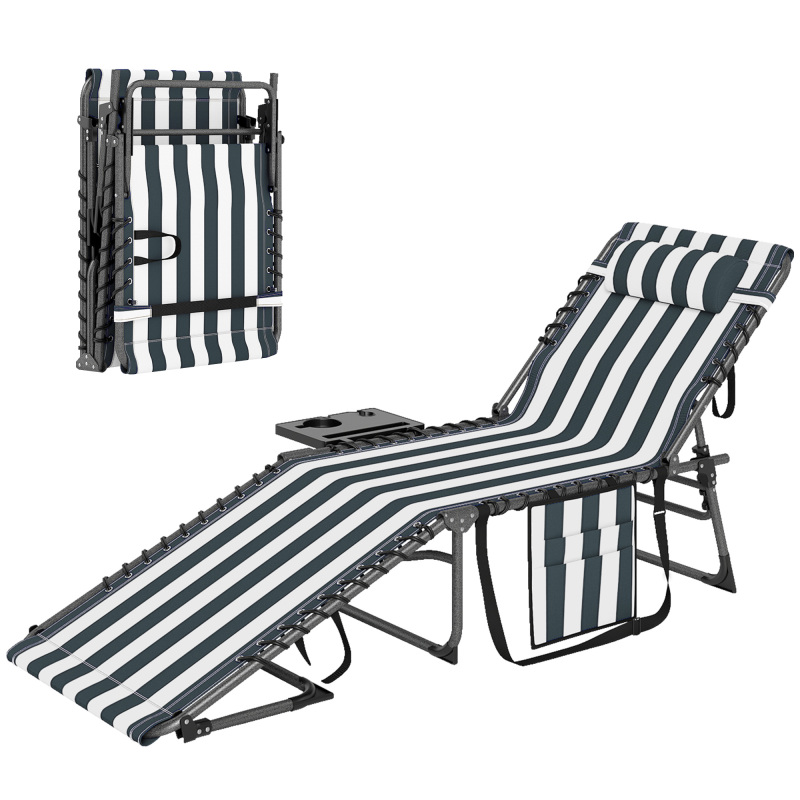 Folding Outdoor Chaise Lounge Chair Tanning Chair with 5-Level Adjustable Back, Side Table, Pillow, Pocket, Blue White