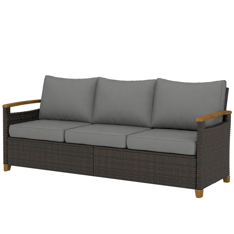 3 Seater Outdoor Couch Sofa, PE Wicker Patio Sofa, Wide Deep Seat, 4" Cushions, Wood-Effect Armrests Legs, Gray
