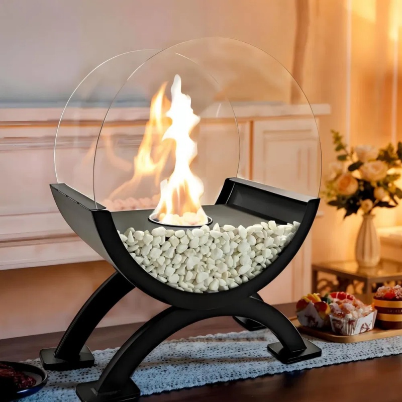 Round Glass Large Tabletop Fireplace 12.5" H Portable Fire Bowl Pot Clean Burning