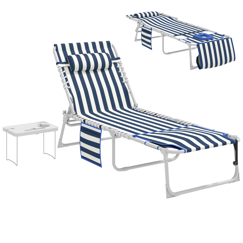 Tanning Chair with Face Hole and Side Table, 5-Position Folding Outdoor Chaise Lounge Chair, Blue and White