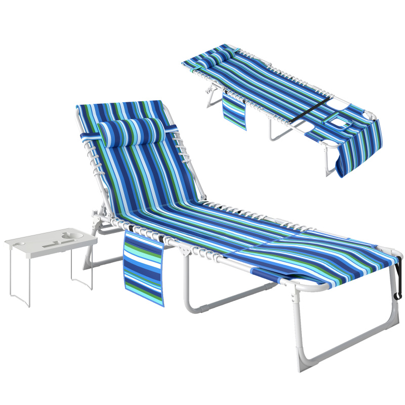 Tanning Chair with Face Hole and Side Table, 5-Position Folding Outdoor Chaise Lounge Chair, Blue Stripe