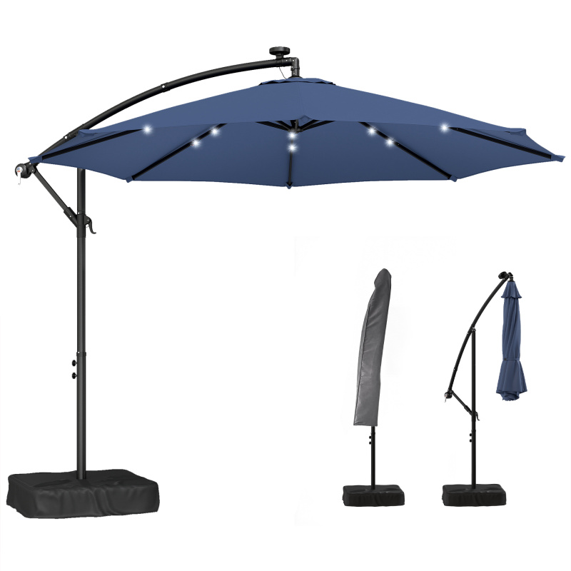 10 ft Cantilever Patio Umbrella with Light, Weight, Offset Hanging Outdoor Umbrella with Protective Cover, Dark Blue
