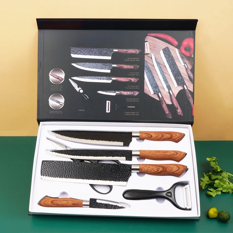 Kitchen Knife Set includes Six Tools, Forged Kitchen Knife Scissors, Ceramic Peeler,Chef Slicer Knife, and Gift Case