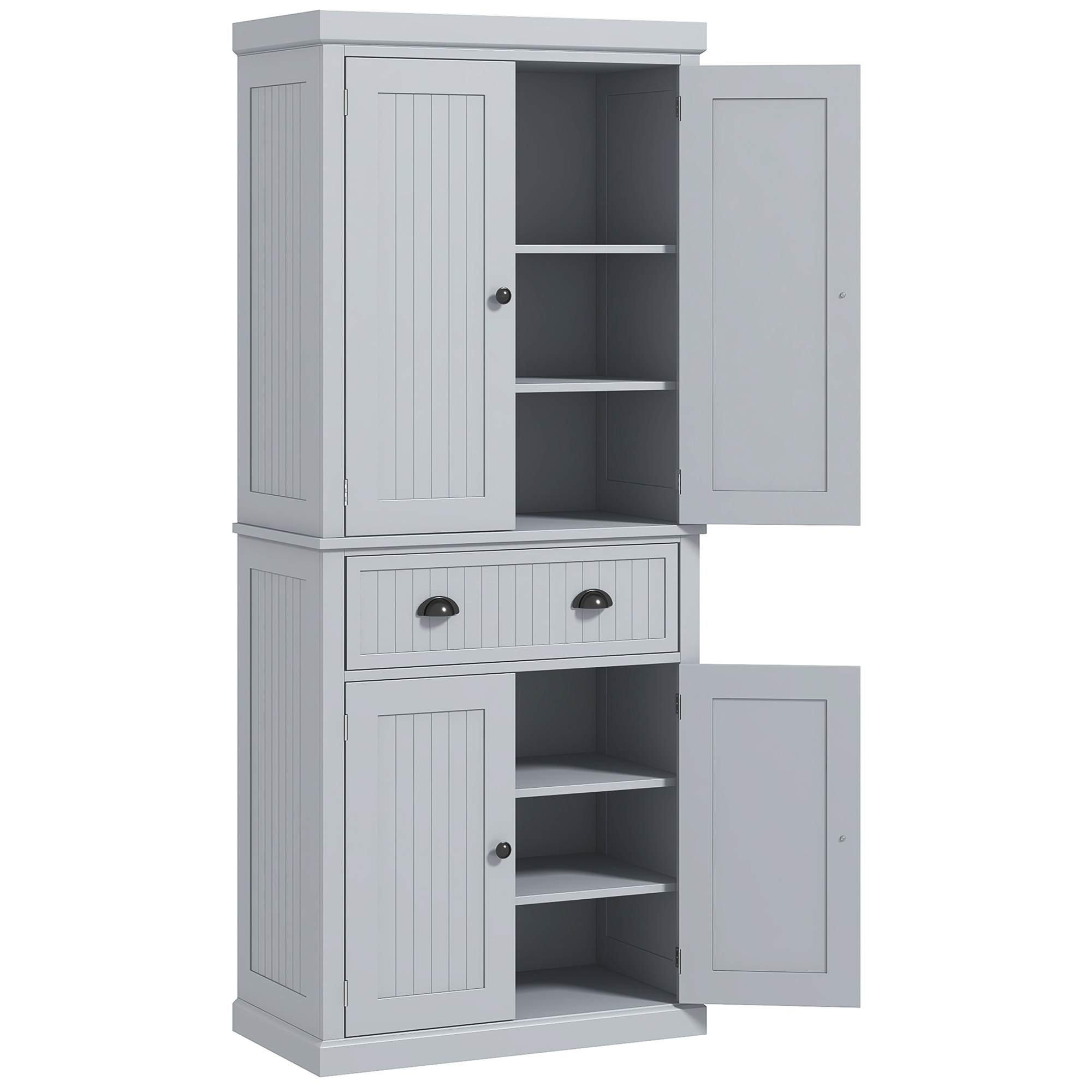 Traditional Kitchen Pantry Cabinet, Freestanding Tall Storage Cabinet with 4 Doors, Drawer and 3 Adjustable Shelves, Gray 72 inches