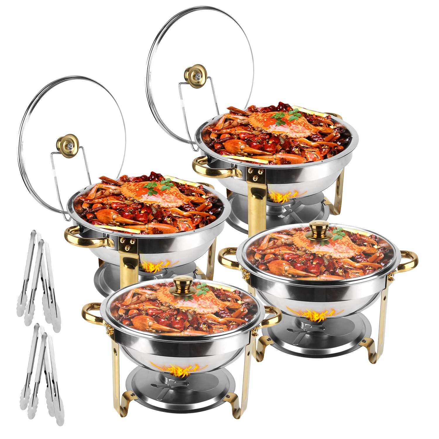 4Pcs Chafing Dish Buffet Set 4.76QT Round Buffet Servers Food Warmer Stainless Steel Catering Chafer With Glass Lid For Warming Cooling Gatherings Ban