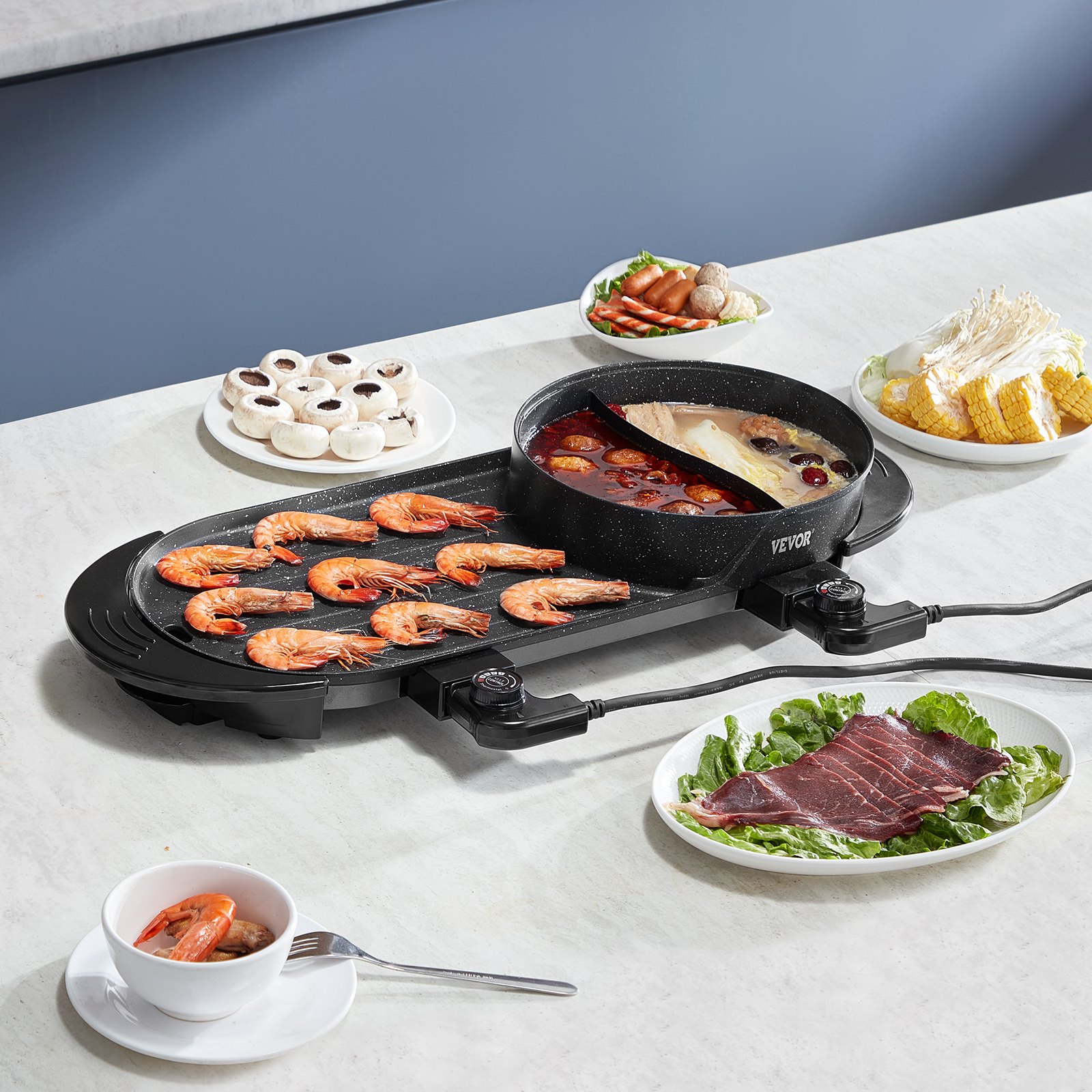 Hot Pot With Grill 2200W 2-in-1 Electric Smokeless Grill Hot Pot For 1-6 People