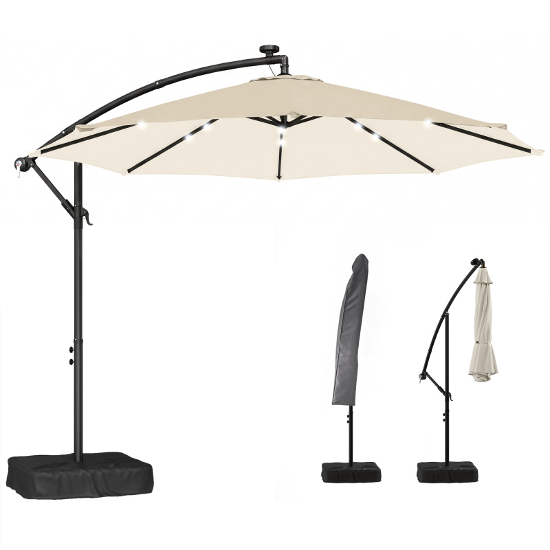 10 ft Cantilever Patio Umbrella with Light, Weight, Offset Hanging Outdoor Umbrella with Protective Cover, Cream White