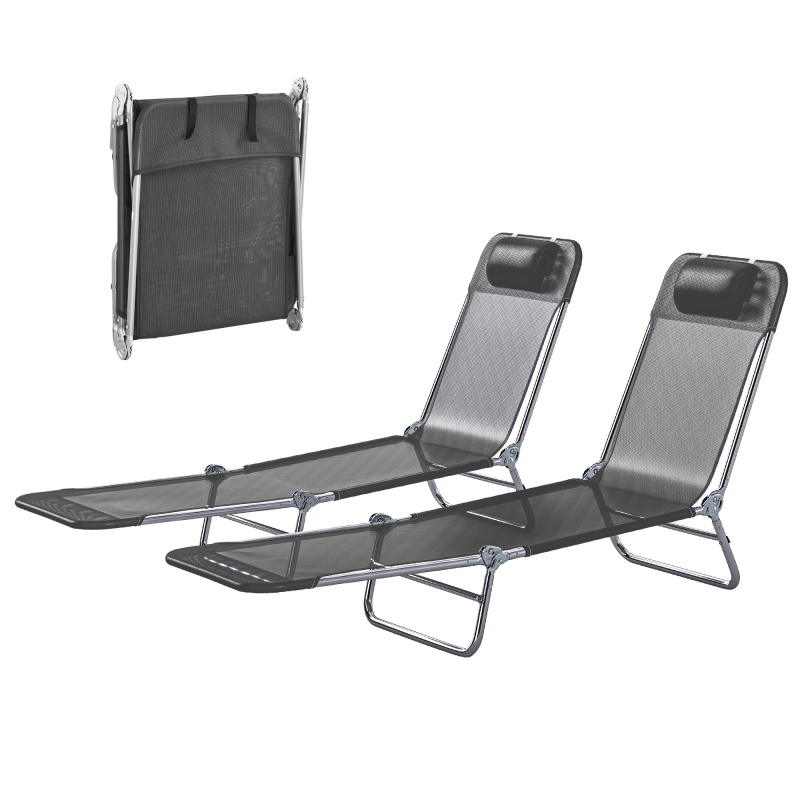 2 Piece Sun Loungers, Folding Chaise Lounge Chairs with Reclining Back, Breathable Mesh Seat, Headrest, Black