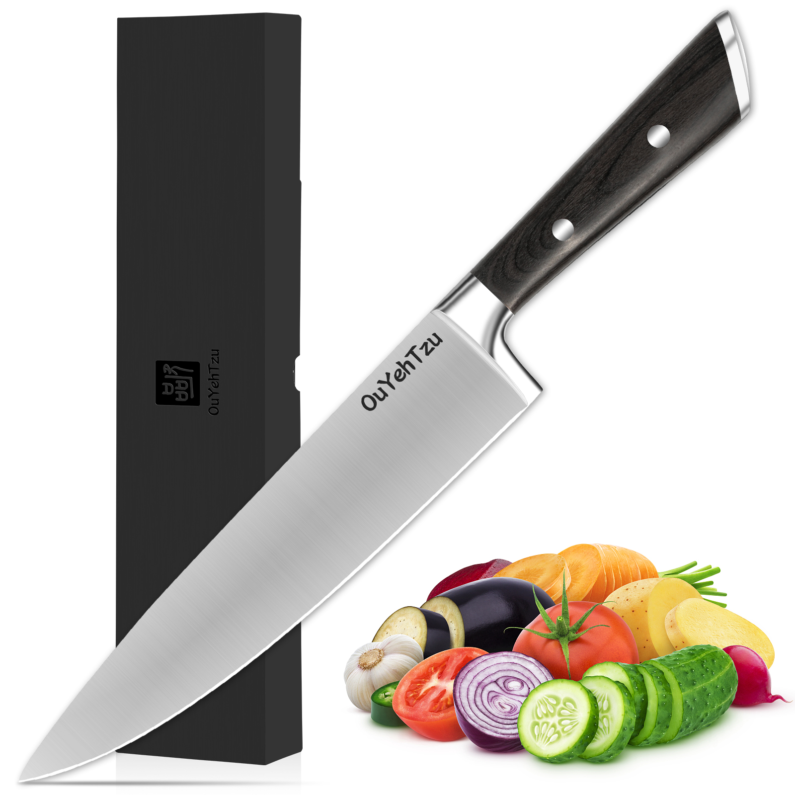Chefs Knife, 8 inches, Sharp Japanese High Carbon Steel Kitchen Knives, Sandalwood Handle