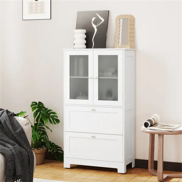 Freestanding Floor Storage Cabinet With Adjustable Shelf & 2 Drawers, Frosted Tempered Glass Door Sideboard