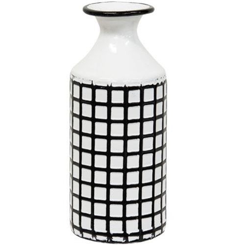Farmhouse Check Enamel Vase with Matte Finish & Black Checkered Pattern with Black Rim