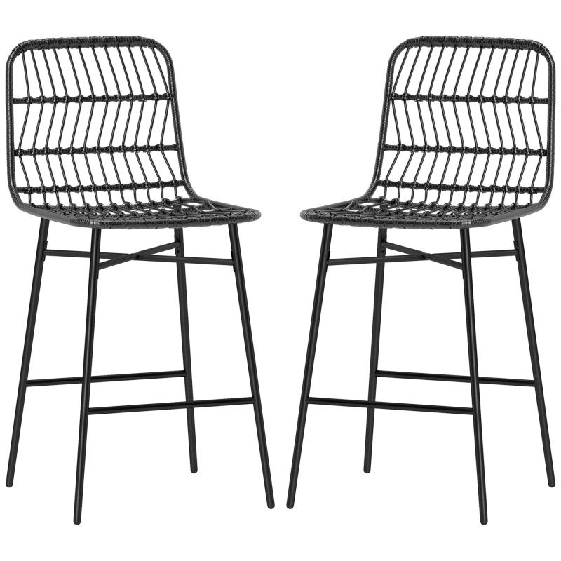 Rattan Counter Bar Stools Set of 2, 26" Counter Height Barstools with Back, Bar Chairs for Kitchen Island, Black
