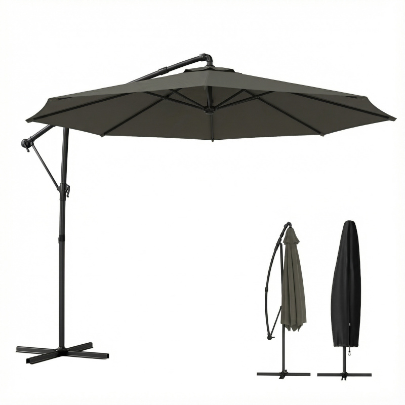 10 ft Offset Patio Umbrella with Cover, Hanging Cantilever Umbrella with 360Â° Rotation, Crank Handle, Tilt, Tan