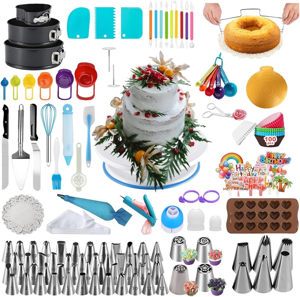 398PCS Cake Decorating Supplies Kit, Baking Tools Set For Cakes -3 Packs Springform Cake Pans Cake Rotating Turntable 48 Numbered Piping Icing Tips 4