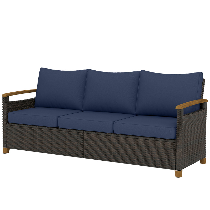 3 Seater Outdoor Couch Sofa, PE Wicker Patio Sofa, Wide Deep Seat, 4" Cushions, Wood-Effect Armrests Legs, Dark Blue