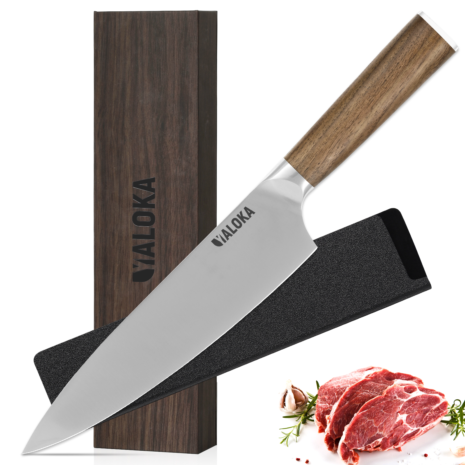 Gyuto Chef Cooking Knife - 8-Inch Professional Japanese Kitchen Knife,  Natural Wood Handle, With Gift Box
