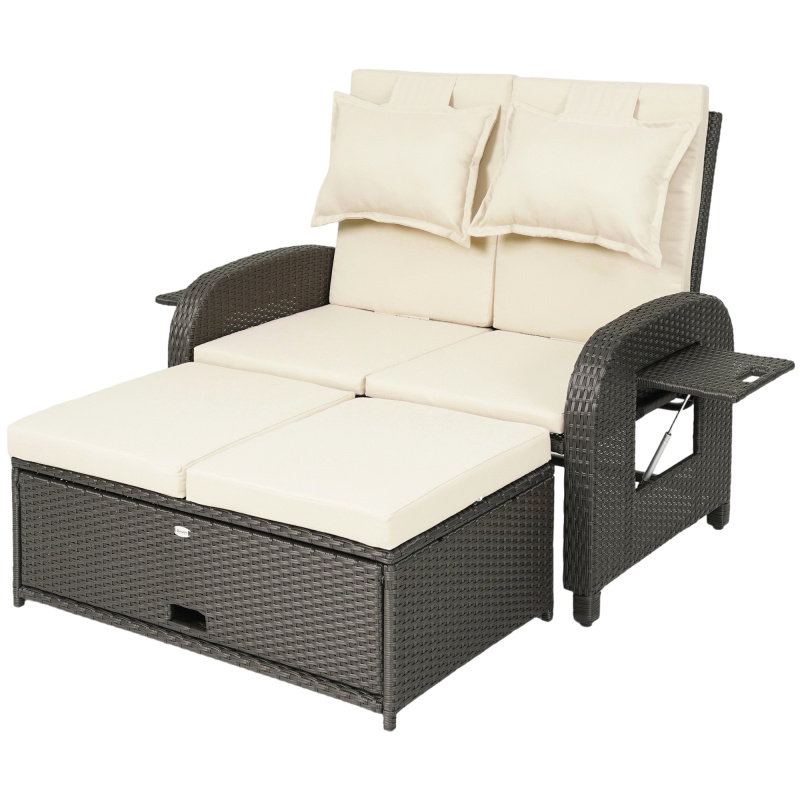 Patio Rattan Daybed, Wicker Outdoor Daybed with Storage Ottoman, Loveseat with Adjustable Backrest, Side Tables, Beige