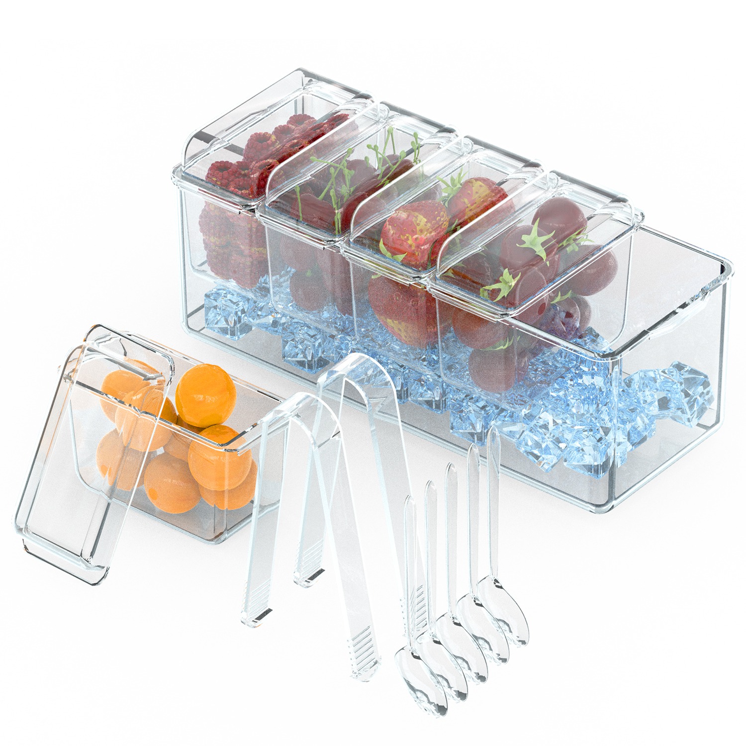 1Set Ice Chilled Condiment Caddy Serving Tray Container Bar Garnish Holder Salad Platter Server Food Storage With 5 Removable Containers 5 Lids 2 Tong