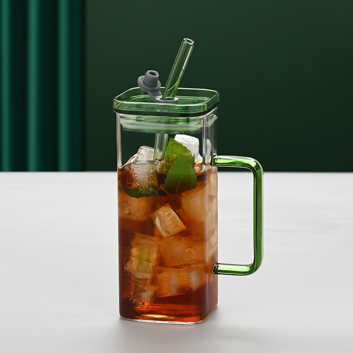 1 Pcs Green Glass Straw Cup, 6 Colors Square Glass Cup With Straw And Lid, High Borosilicate Glass Cup, Milk Cup, Juice Cup, Cold Drink Cup, Coffee Cu