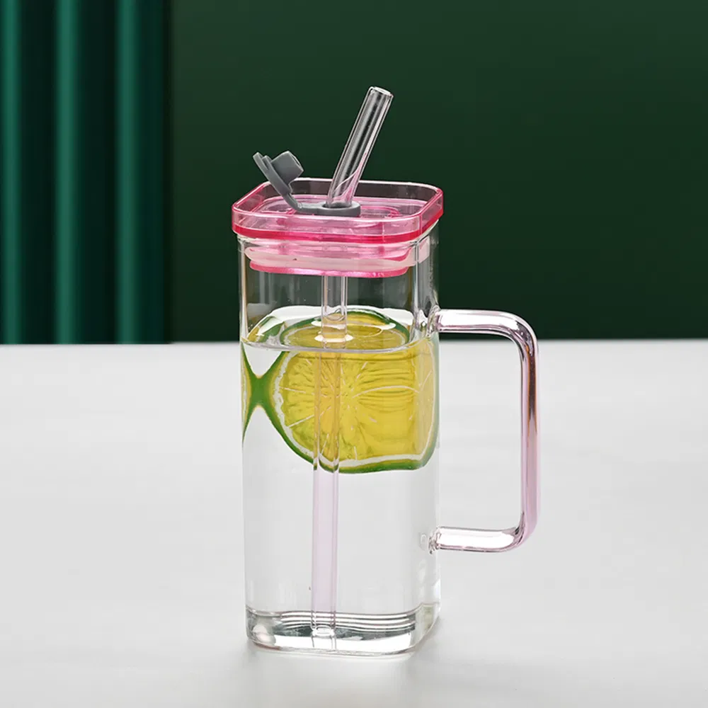 1 Pcs Pink Glass Straw Cup, 6 Colors Square Glass Cup With Straw And Lid, High Borosilicate Glass Cup, Milk Cup, Juice Cup, Cold Drink Cup, Coffee Cup