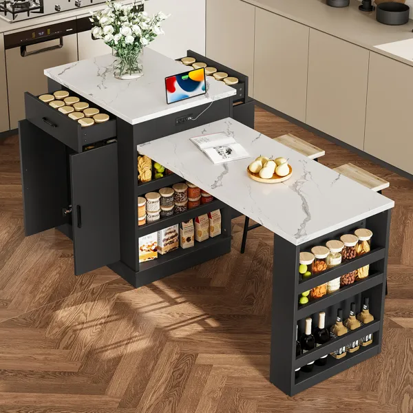 Extendable Island Console With Drawers, Double-door Cabinet, And Open Shelving. Serves As Dining Table, Temporary Breakfast Bar