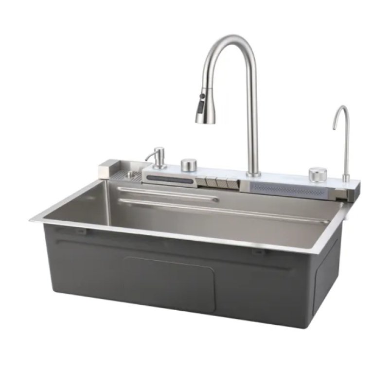 Pull-out Facuet Single Bowl Whale Waterfall Sink Kitchen Basin