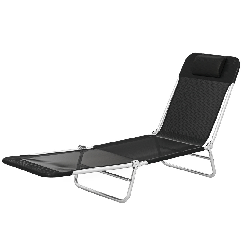 Folding Chaise Lounge Chair, Portable Tanning Chair with Adjustable Backrest, Pillow for Beach Poolside Patio, Black