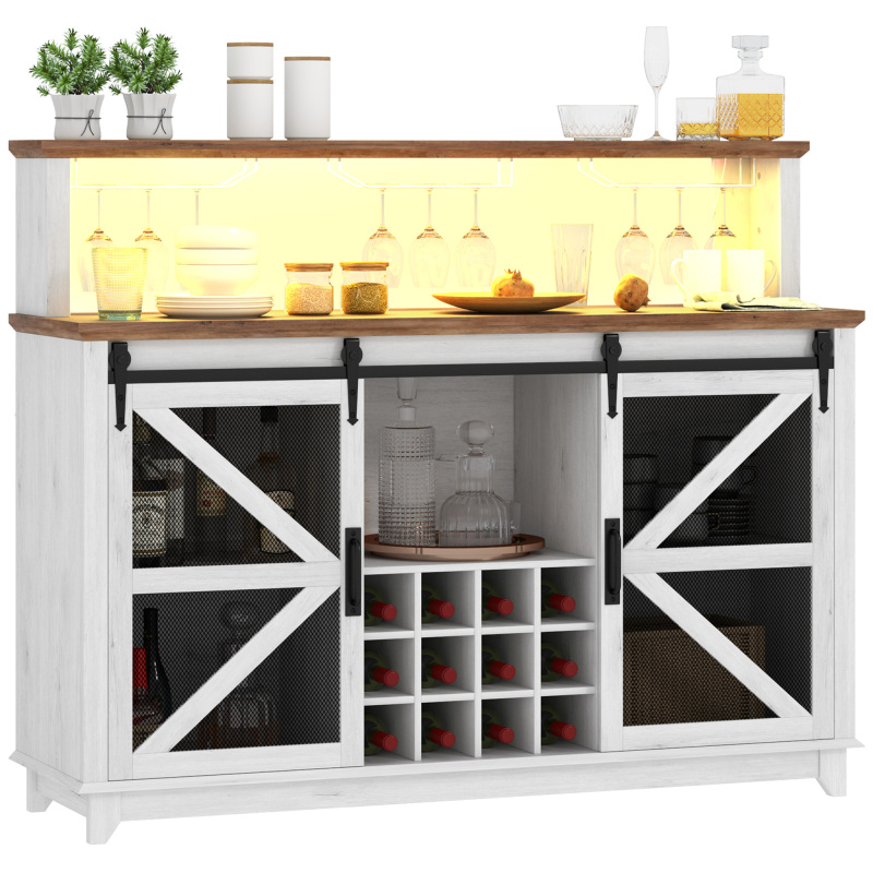 55" Coffee Bar Cabinet with Lights, Farmhouse Wine Cabinet with Wine and Glass Racks for Kitchen, Dining Room, White