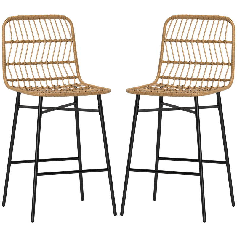 Rattan Counter Bar Stools Set of 2, 26" Counter Height Barstools with Back, Bar Chairs for Kitchen Island, Brown