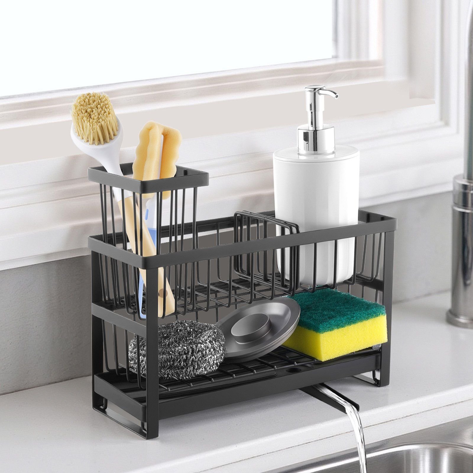 Kitchen Sink Caddy Organizer, 2 Tier Sponge Holder for Kitchen Sink with High Brush Holder & Divider, Storage Rack with Rotatable Drainage Spout