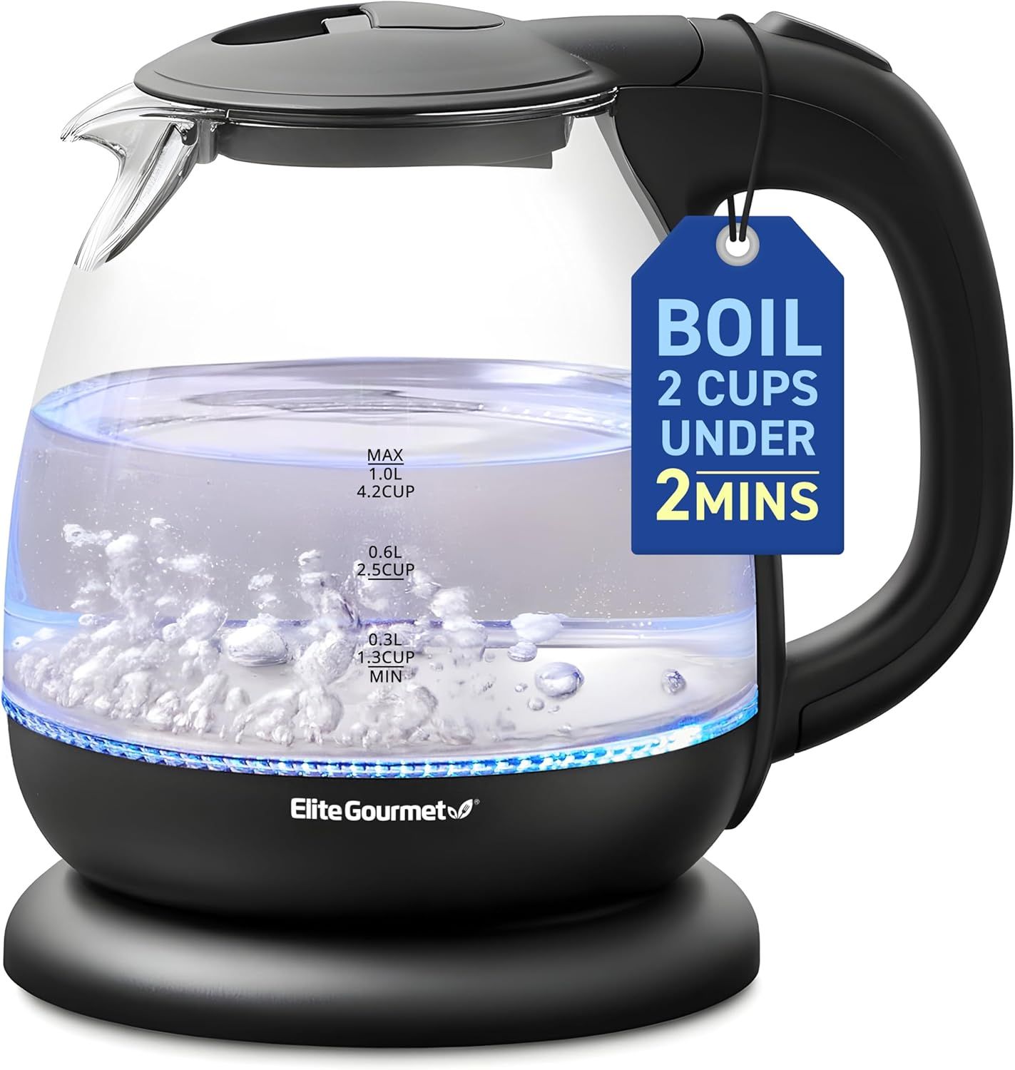 EKT1001 Electric 1.0L BPA-Free 1100W Glass Kettle Cordless 360Â° Base, Stylish Blue LED Interior
