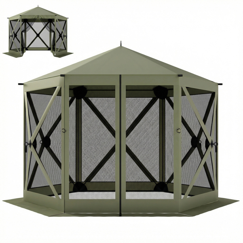 10 x 11 ft Pop Up Gazebo Screen Tent, Portable Instant Camping Canopy Screen House with Nettings, Carry Bag, Dark Green