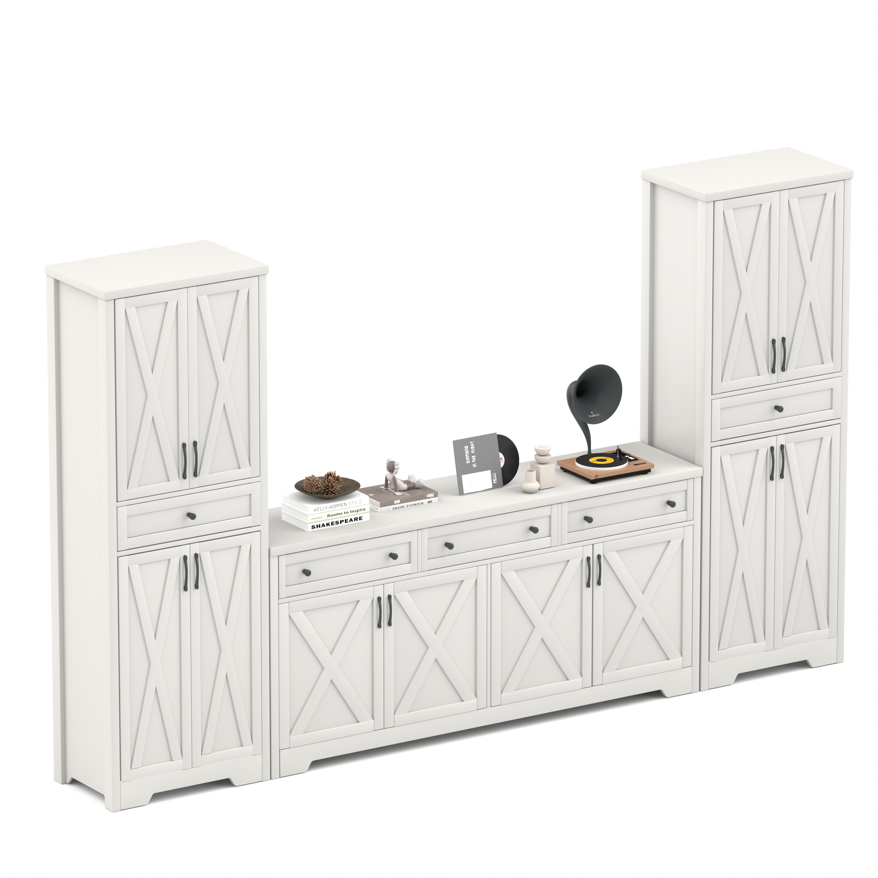 TV Cabinet Set Multifunctional TV Wall, One TV Cabinet And Two Sideboards For Living Room, White, 113.5L X 15W X 68H.