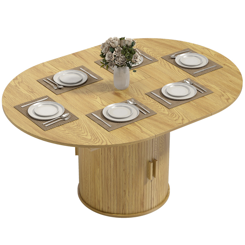 Extendable Dining Table for 6, 60" Farmhouse Kitchen Table with 2-Tier Storage Shelf and Fluted Sliding Doors, Natural