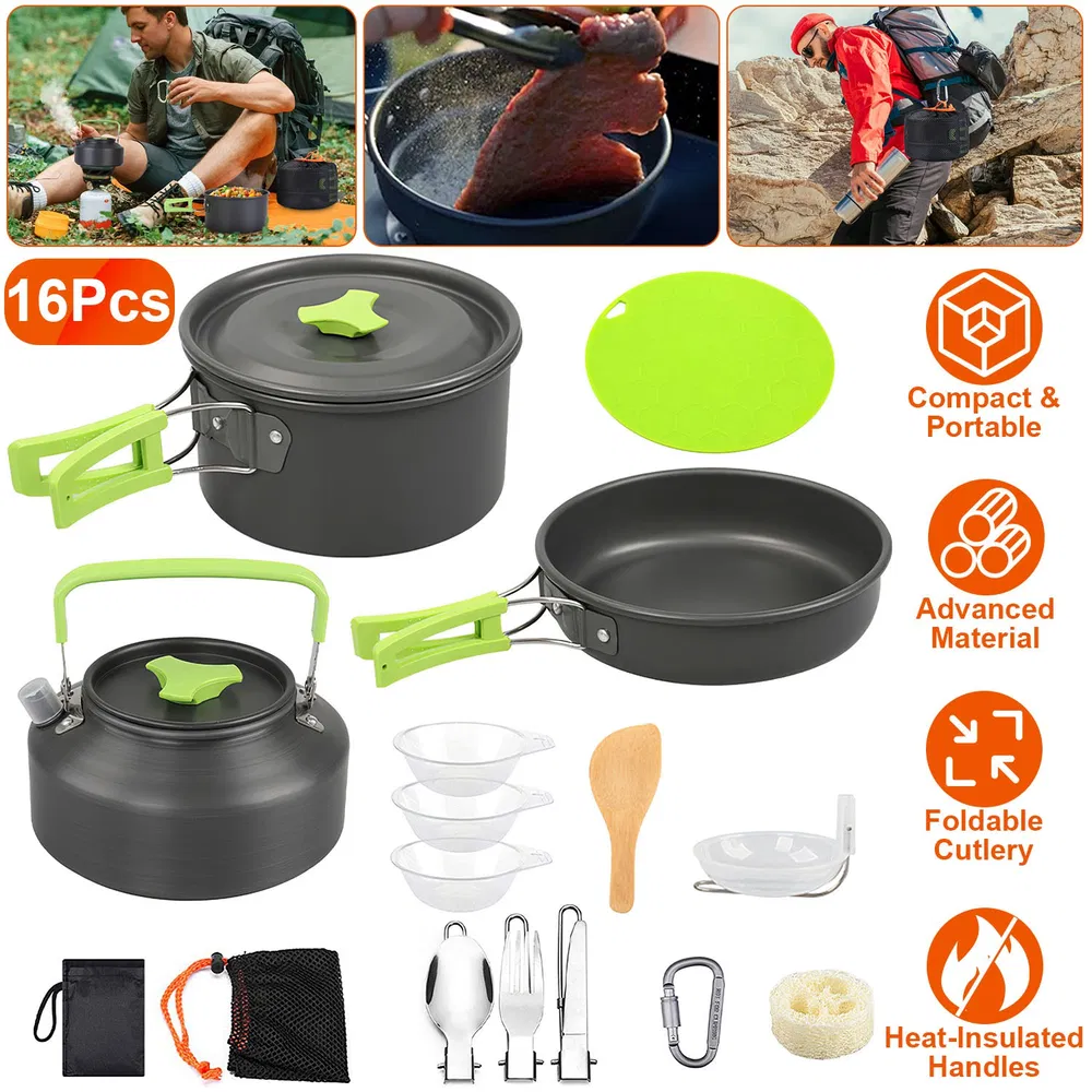 Camping Cooking Ware Camping Stove Cookware Kit Aluminum Kettle With Bowls Knife Fork Spoon Carabiner Spatula Cutting Board