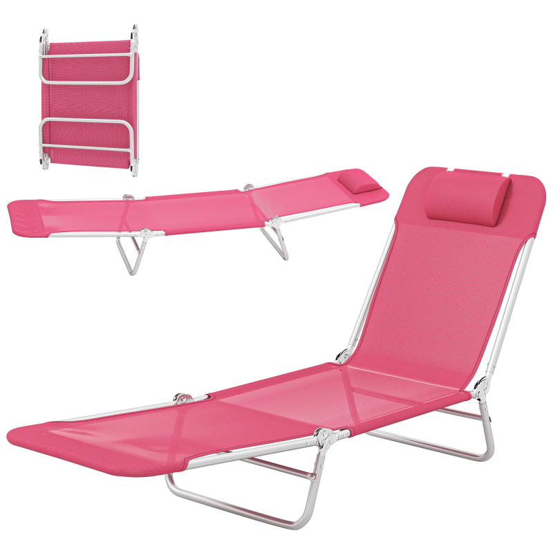 Folding Chaise Lounge Chair, Portable Tanning Chair with Adjustable Backrest, Pillow for Beach Poolside Patio, Pink