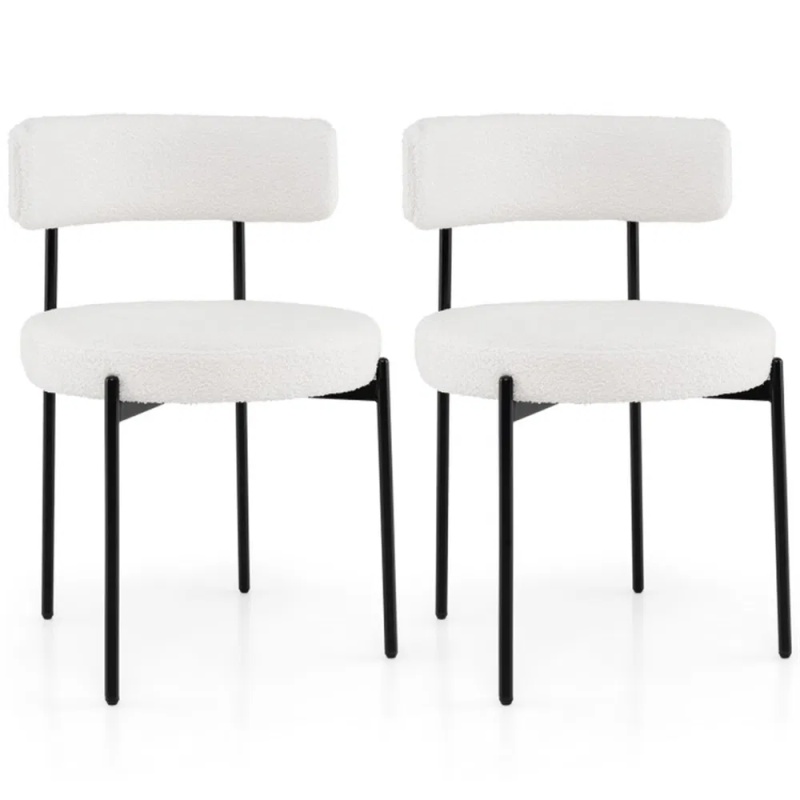 White Sherpa 2 Upholstered Dining Chairs, Ergonomic Curved Backrest & Wide Round Seat