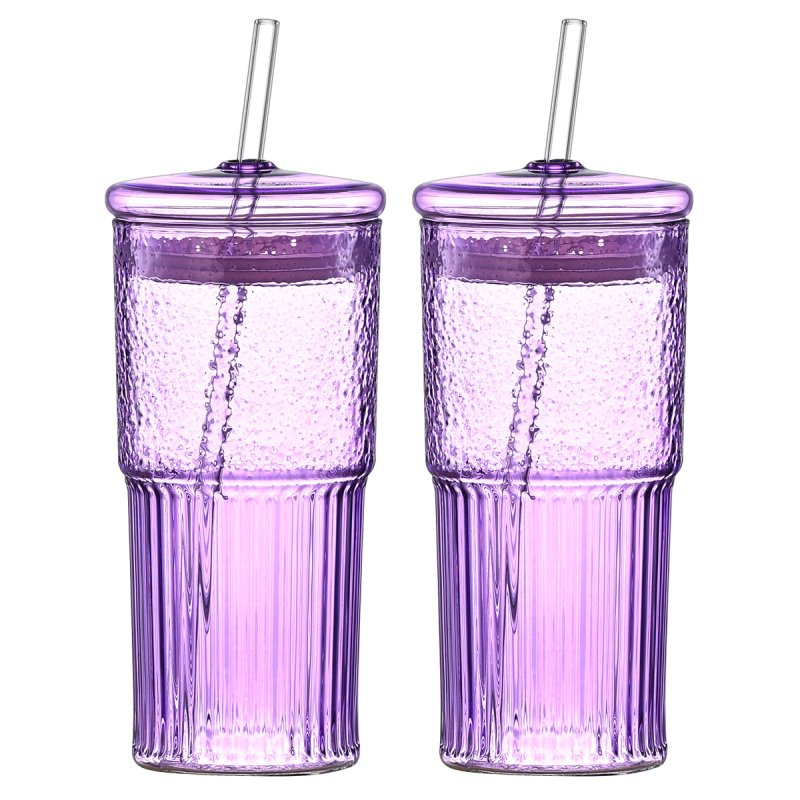 High Borosilicate Purple Glass Straw Cup With Vertical Pattern 20 oz, Set of 2