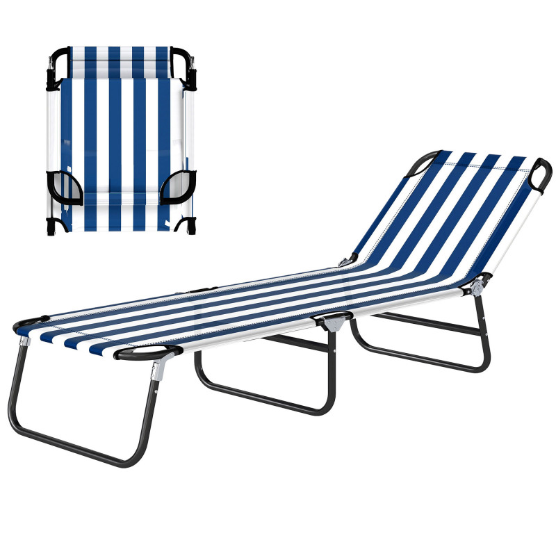 Portable Folding Adjustable Sun Beach Lounger / Camping Cot - Blue and White