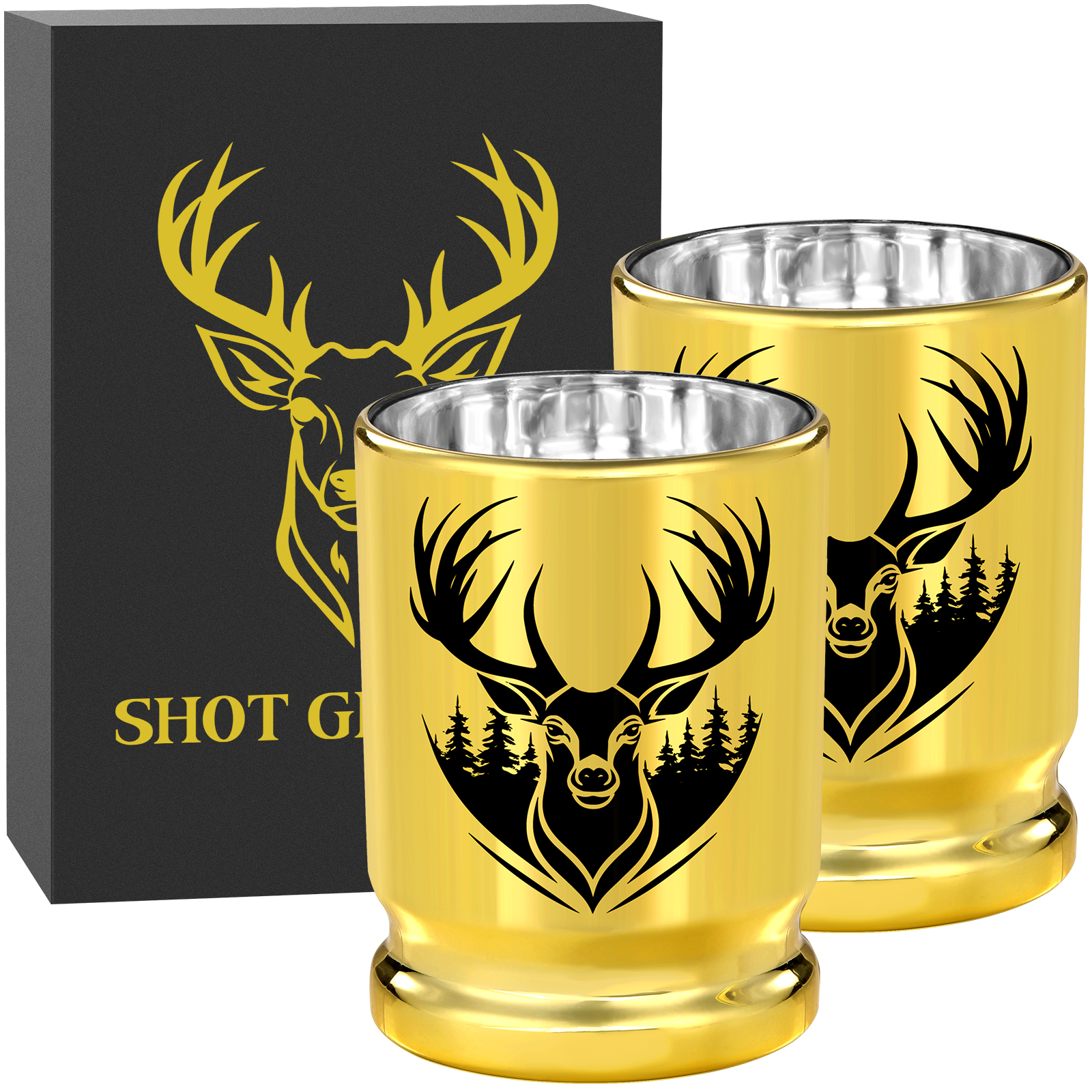 2pcs  50 Caliber Deer Head Golden Plastic Wine Glasses With Gift Box - Leak Proof, Reusable - Stylish Animal Print Design, Suitable For Whiskey, Tequi