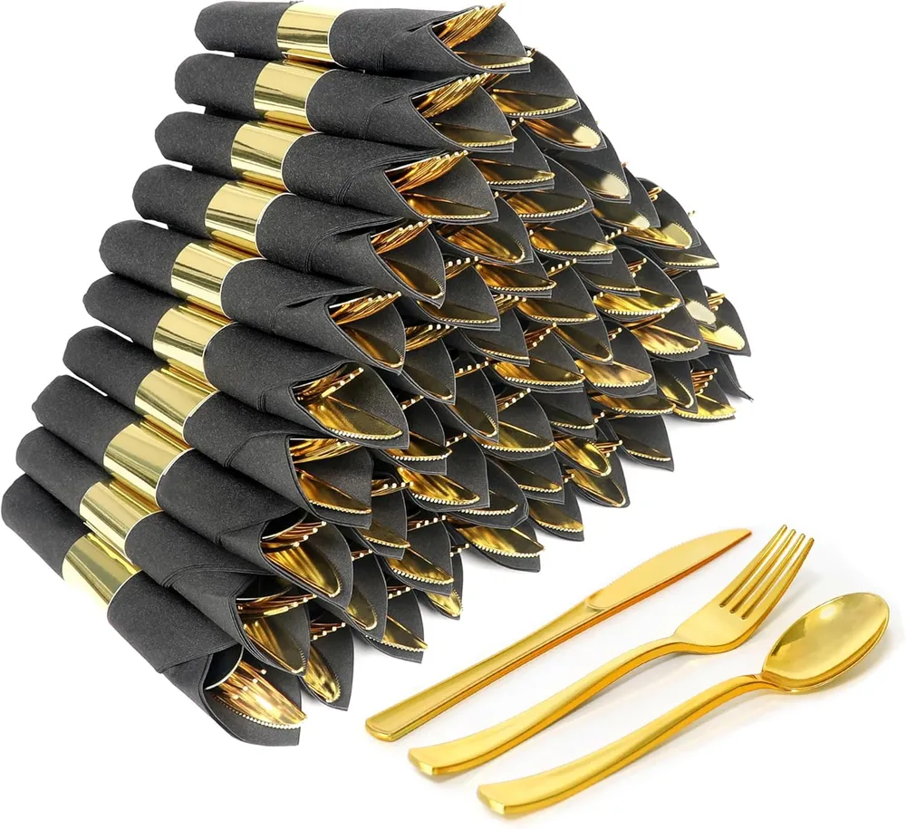 Pre Rolled Black Gold Plastic Silverware Set,Wrapped Plastic Cutlery Set With Napkin (Option: 60packblackgold)
