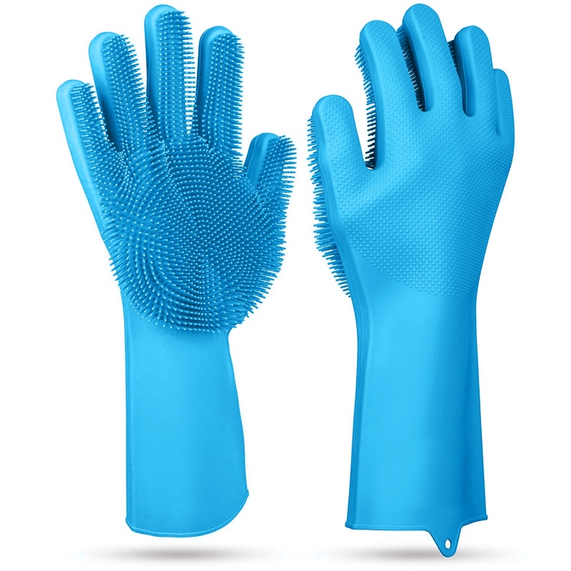 Silicone Brush Dishwashing Gloves Cleaning Sponge Pet Scrubber Heat Resistant Wash Gloves (Option: Blue)