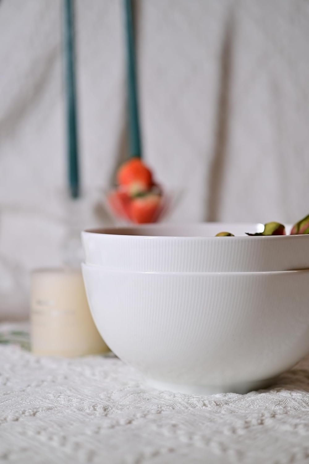 Setaria Bone China Dinnerware Set, 2 Pieces 8-inch Large Deep Salad Bowl, Soup, Cereal, Oatmeal, Fruit, Rice, Ivory White With Narrow Curve Strip (Option: Ivory White)