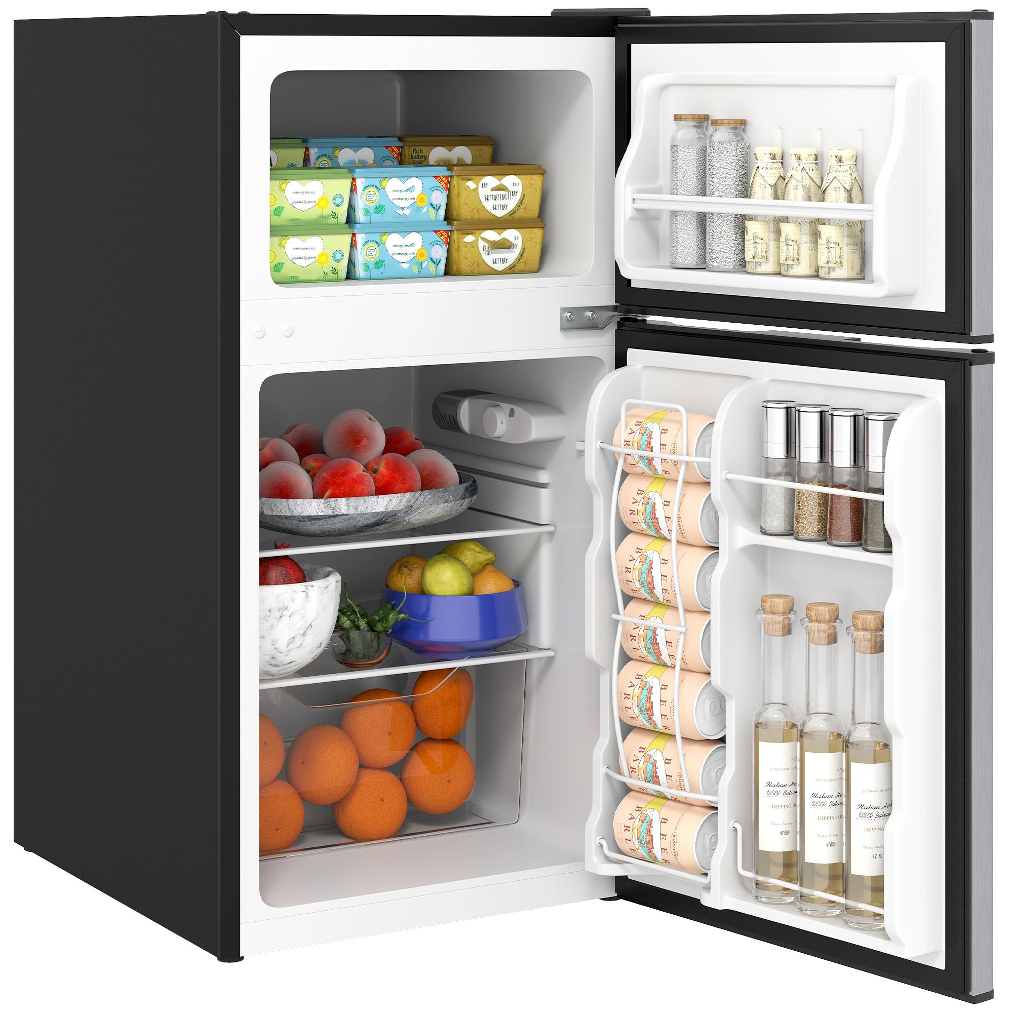 Mini Fridge with Freezer, 3.2 Cu., Double Door Compact Refrigerator with Adjustable Thermostat, Shelf and Reversible Door (Option: Black-490x540x950 mm)