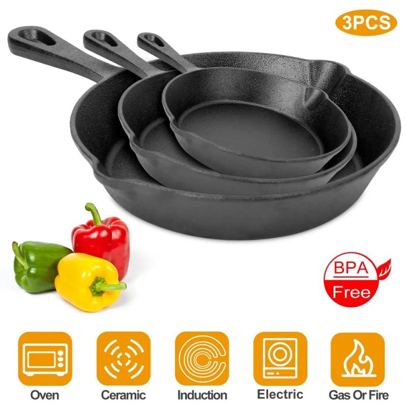 3Pcs Pre-Seasoned Cast Iron Skillet Set 6/8/10in Non-Stick Oven Safe (Option: Black)