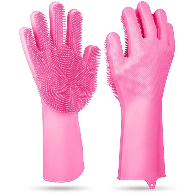 Silicone Brush Dishwashing Gloves Cleaning Sponge Pet Scrubber Heat Resistant Wash Gloves (Option: pink)