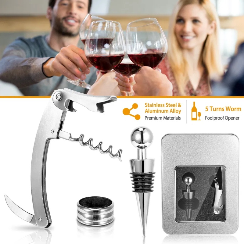 3Pcs Corkscrew Bottle Opener Set Tool Foil Cutter Drip Collar Protector Cork Stopper Wine Bottle Cap Opener (Option: Silver)