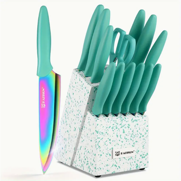 Rainbow Colored Knives Titanium Stainless Steel 14 pieces (Color: Green)